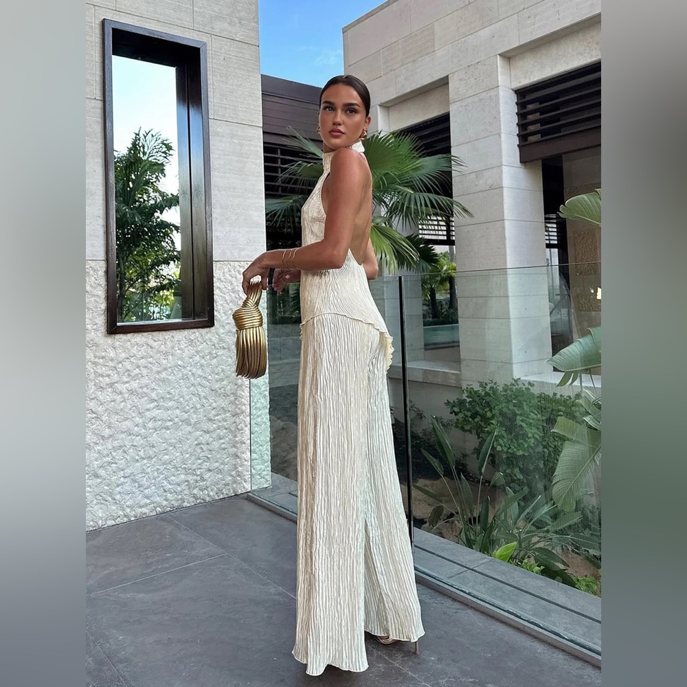 Commense Asymmetric Halter Crop Top With Wide Leg Pants Set - Picture 2 of 5